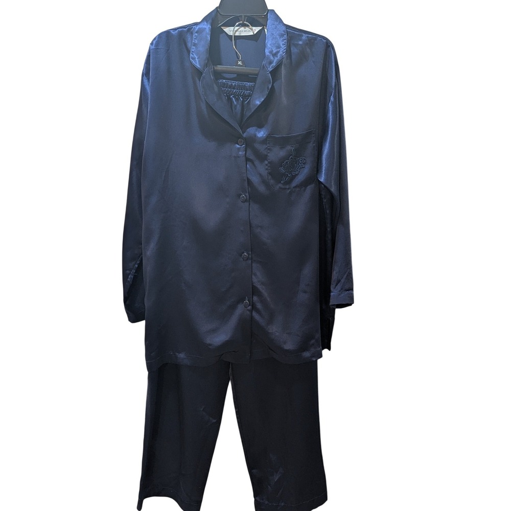 Victoria's Secret Vtg Navy Blue Satin‎ Floral Embroidered Pajama Set Top/Pants L